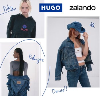 Trzy kobiety modelują casualowe dżinsy i bluzy HUGO, każda pozująca indywidualnie na białym tle z ręcznie napisanymi imionami Ruby, Palmyre i Denise.