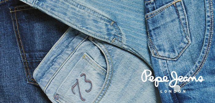 Stacked blue denim jeans with visible back pockets, one featuring a stitched "73," branded Pepe Jeans London logo in white.
