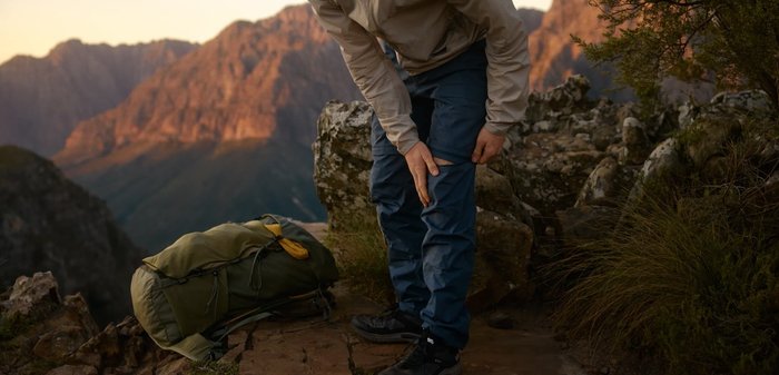 Man wearing outdoor gear adjusts his torn pant leg while standing on rocky terrain with backpack nearby and mountains in the background.