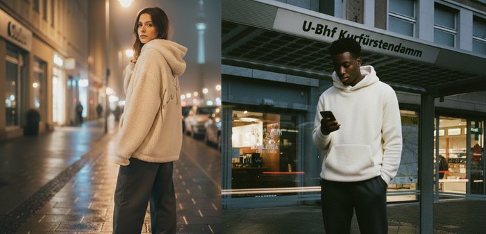 Hanorac alb texturat cu buzunar frontal, asortat cu pantaloni gri închis. Persoana ține un smartphone într-un decor urban.