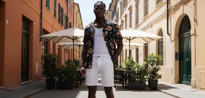 Homme portant des lunettes de soleil, une chemise à fleurs, un débardeur blanc et un short blanc, debout dans une rue pavée ensoleillée avec des parasols de café en plein air derrière lui.