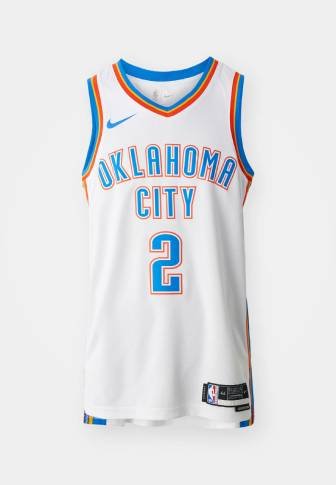 Баскетболен екип на Oklahoma City Thunder, бял сини и оранжеви кантове, номер 2 отпред, видими лога на Nike и NBA.