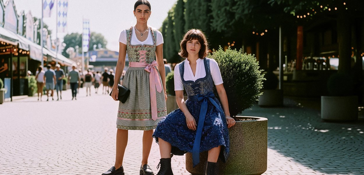 Zwei Frauen in traditionellen deutschen Dirndl-Kleidern, eine steht und eine sitzt neben einem Blumenkasten auf einem sonnigen Kopfsteinpflaster-Straßenmarkt.