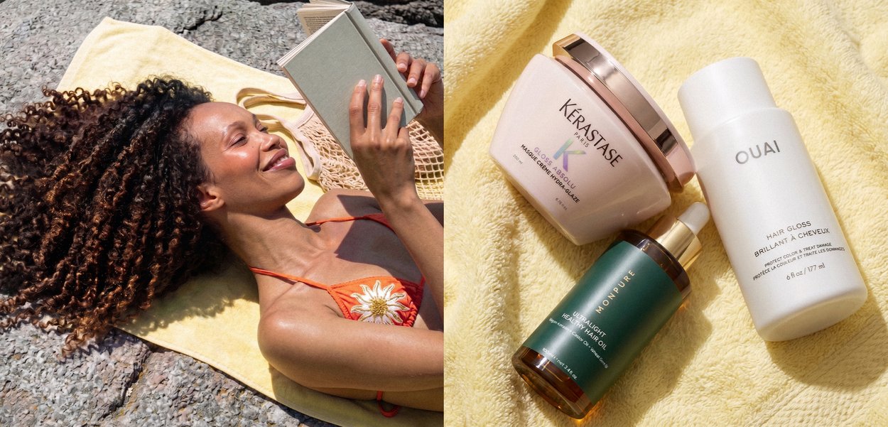 Femme aux cheveux bouclés en maillot de bain orange lit un livre sur une serviette jaune à l'extérieur ; produits de soin capillaire Kerastase, Monpure et Ouai exposés sur la serviette.