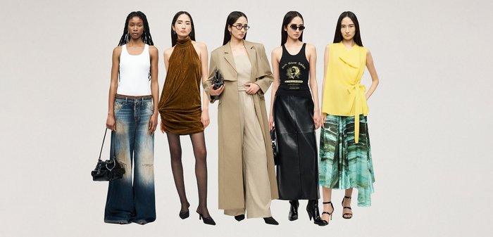 Fem kvinner står på rekke iført variert mote: jeans, fløyelskjole, beige dress, svart topp med lærskjørt og gul topp med mønstrete skjørt.