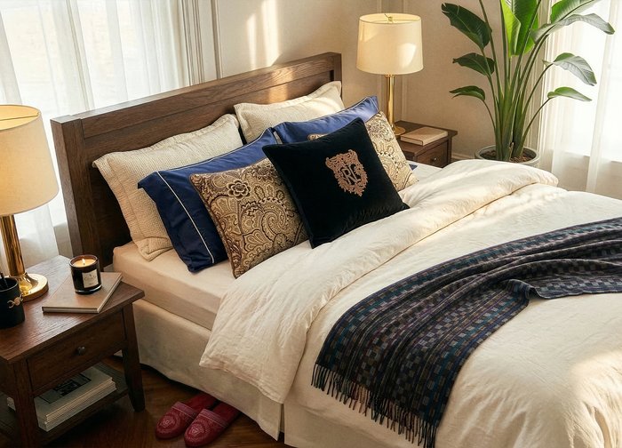 Κρεβάτι με λευκά σεντόνια, πολλά διακοσμητικά μαξιλάρια, μπλε κουβέρτα, ξύλινο προσκέφαλο, τραπεζάκια δίπλα στο κρεβάτι με φωτιστικά, κερί και γλαστράκι κοντά στο παράθυρο.