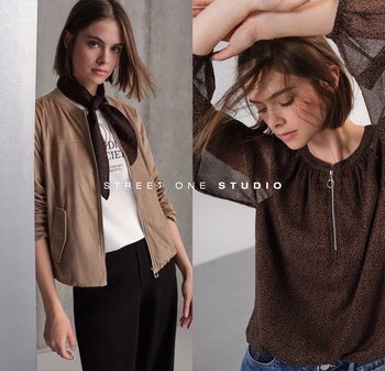Deux tenues de Street One Studio : une veste légère beige zippée avec poches et un blouse imprimé léopard brun avec un détail zippé.