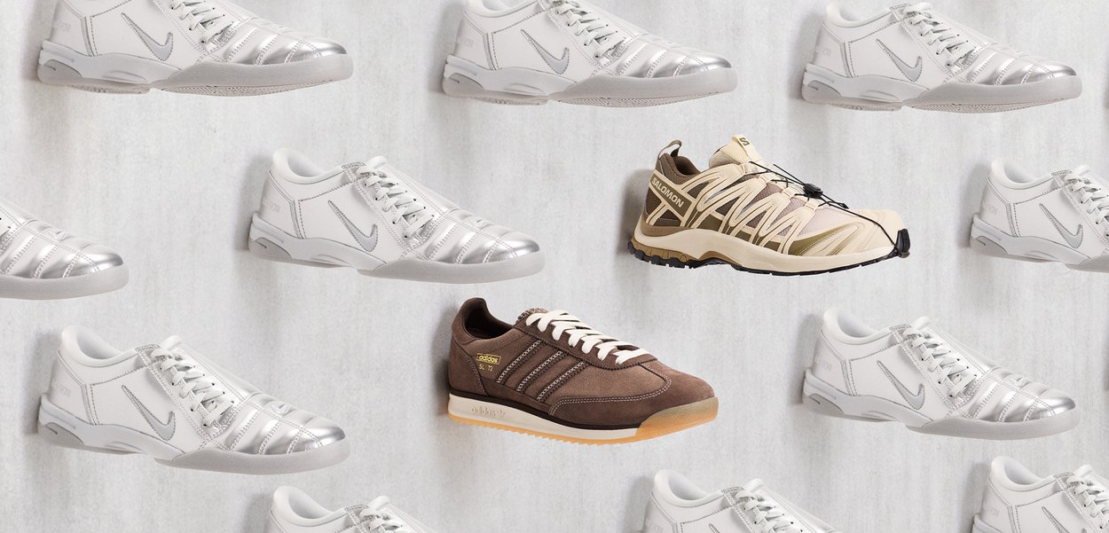 Trois paires de baskets : chaussures Nike blanches et argentées, Adidas SL 72 brunes avec des accents beiges, et chaussures Salomon en brun et beige avec des lacets.