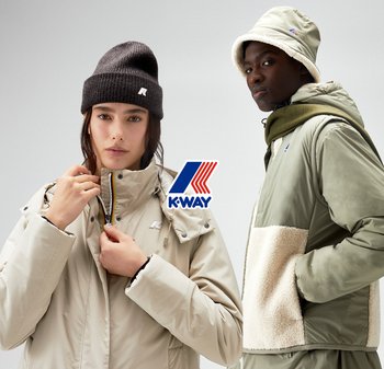 Giacca K-Way invernale con un piumino chiaro beige e una giacca verde con un frontale in pile crema. Include un cappello scuro e un cappello a secchiello.