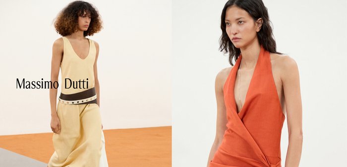 Twee modellen dragen mouwloze jurken: één in crème met een zwarte riem, de andere in een mouwloze oranje wikkeljurk, tegen een minimalistische beige achtergrond.