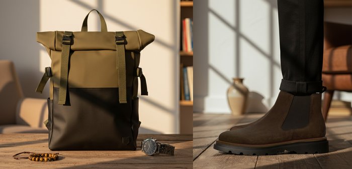 Tweekleurige groene en zwarte rugzak op een houten tafel met een kraalarmband en een polshorloge, met fauteuils en een boekenplank op de achtergrond.