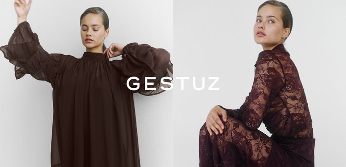 Dve haljine marke Gestuz: lepršava, tamnosmeđa bluzica s voluminoznim rukavima i uska bordo čipkasta haljina s složenim uzorcima.