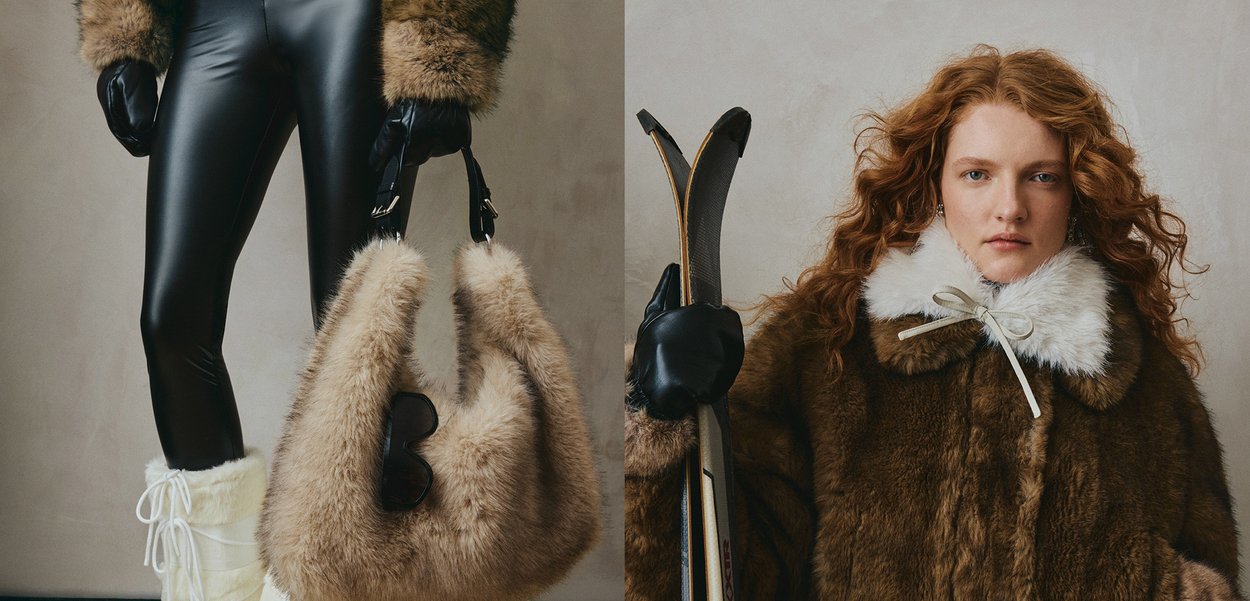Bruine bontjas met een witte bontkraag en strikdetail; zwarte leren handschoenen; glanzende zwarte legging; pluizige bruine handtas; skistokken.