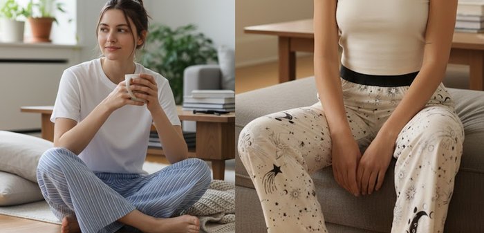 Γυναίκα καθισμένη σταυροπόδι στο πάτωμα με ένα φλιτζάνι στα χέρια, φορώντας λευκό πουκάμισο και ριγέ παντελόνια δίπλα σε έναν καναπέ και φυτά.