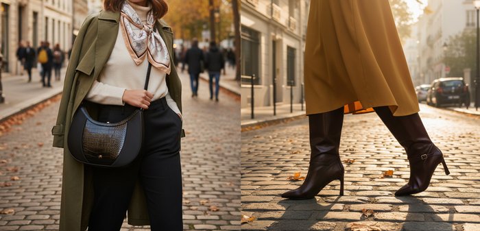 Sac à main noir en cuir crocodile, avec des accents lisses, présentant une forme incurvée et une sangle ajustable, associé à un pull et une écharpe de couleur neutre.