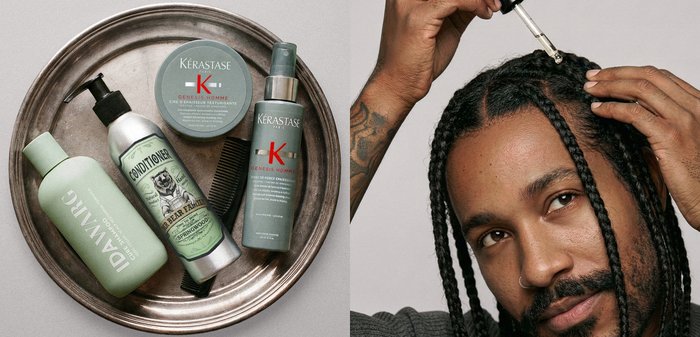 Produits de soin capillaire pour hommes sur un plateau à côté d'un homme appliquant de l'huile capillaire sur des cheveux tressés à l'aide d'un compte-gouttes.