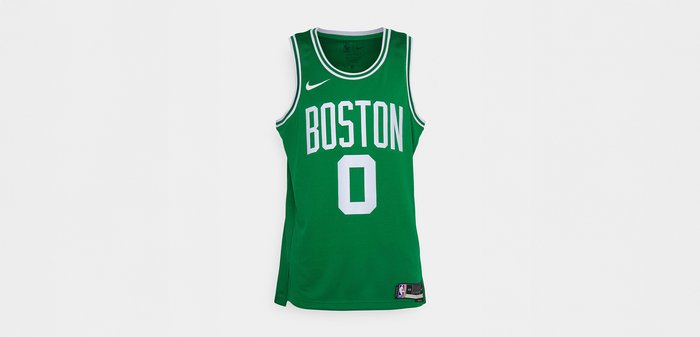 Camiseta de baloncesto de Boston verde con texto blanco y número 0, logotipo de Nike y parche de la NBA en la parte inferior.