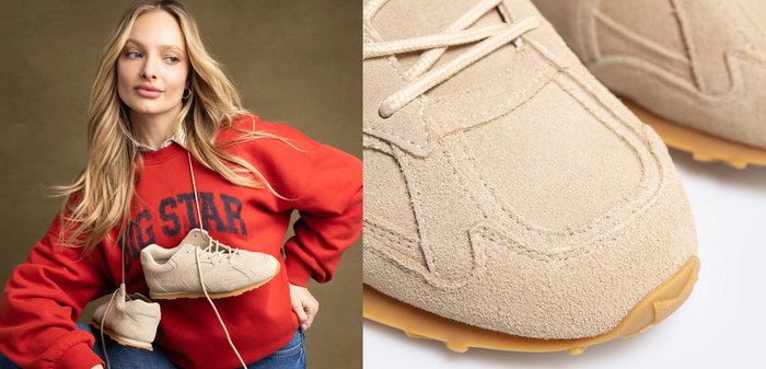 Beige suede sneakers met een gestructureerde bovenkant, ronde neus en rubberen zool. Inclusief gestikte details en beige veters.