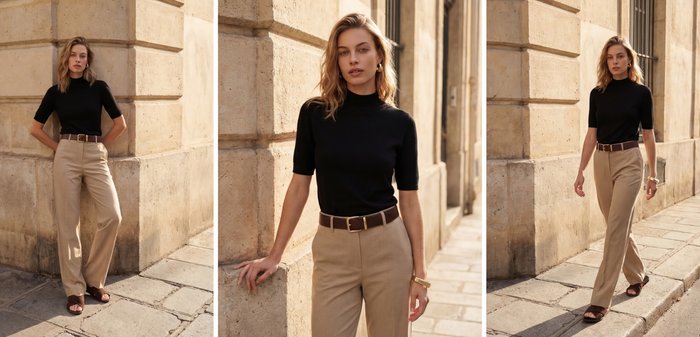 Frau mit welligem, blondem Haar, die einen schwarzen kurzärmeligen Rollkragenpullover, beige Hosen mit braunem Gürtel und Goldschmuck trägt, steht vor einer Steinmauer im Freien.