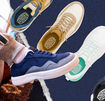Sneakers casual di vari colori: blu navy, beige e bianco. Caratteristiche includono materiali testurizzati, suole in gomma e accenti a contrasto.