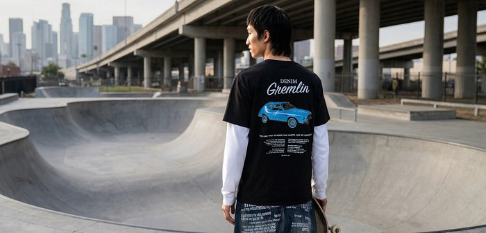 Jeune personne tenant un skateboard se tient dans un skatepark urbain vide sous une autoroute avec des gratte-ciel en arrière-plan.