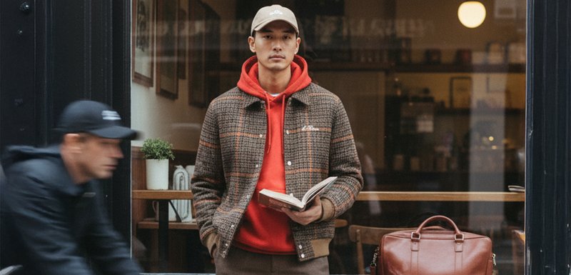 Veste à carreaux marron sur un sweat à capuche rouge, tenant un livre. Pantalons beiges et casquette beige. Un sac en cuir marron est sur la table.