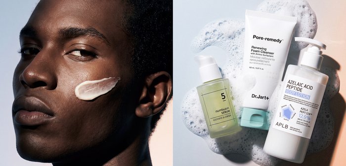 Gros plan d'une personne avec de la crème sur la joue à côté de produits de soin de la peau et de mousse sur un fond clair.