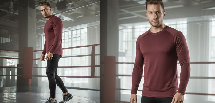 Chemise de sport manches longues couleur bordeaux avec un tissu texturé, col rond et manches raglan. Design ajusté, adapté aux activités sportives.