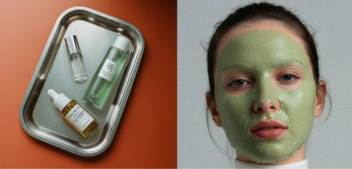 Metalen dienblad met drie huidverzorgingsflessen naast een vrouw die een groene gezichtsmasker draagt met uitsparingen voor ogen en mond.