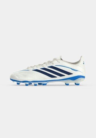 White soccer cleat with blue and black stripes, blue studs on the sole, and lace-up closure on a plain background.