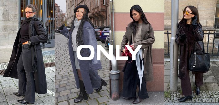 Patru imagini prezintă femei în modă de iarnă. Articolele cheie includ paltoane din lână închise la culoare, ochelari de soare, blană artificială texturată și genți de piele cu accesorii variate.