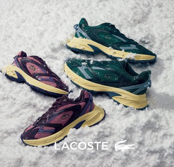 Lacoste sneakers in purple, green, and dark colors, featuring textured mesh material, prominent rubber soles, and layered designs. Snowy backdrop.