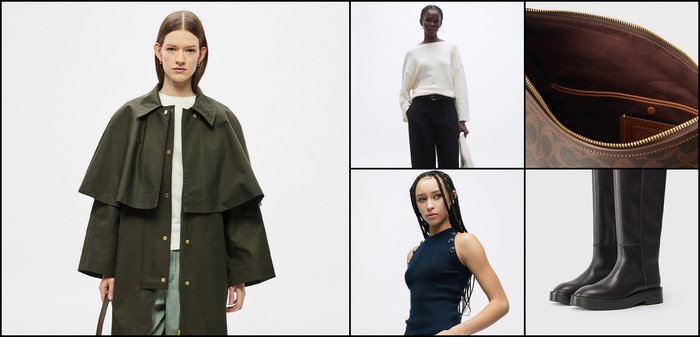 Collectie bevat: een olijfgroene buitenkleding, een crèmekleurige top, zwarte broek, een marineblauwe mouwloze top, bruine leren laarzen en een met patroon beklede tas binnenkant.