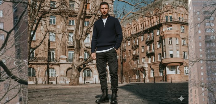 Marineblauwe gebreide pullover met een ritskraag, gedragen over een wit T-shirt; zwarte cargobroek; zwarte veterlaarzen; stedelijke achtergrond.