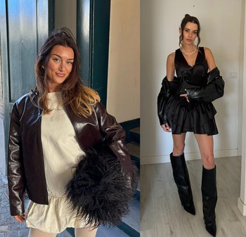 Două femei în ținute de modă: una poartă o jachetă lucioasă maro cu un top alb și o geantă neagră pufoasă; cealaltă, o rochie neagră stratificată și cizme înalte.