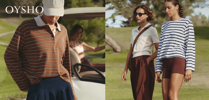 Two women outdoors wearing casual brown and white outfits, one with sunglasses and a crossbody bag, the other in a striped long-sleeve top and shorts.