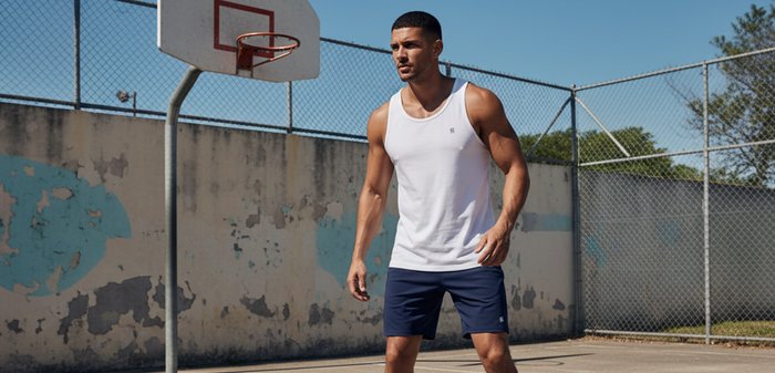 Homme portant un débardeur blanc et un short bleu marine, debout sur un terrain de basket extérieur près du panier et de la clôture par une journée ensoleillée.