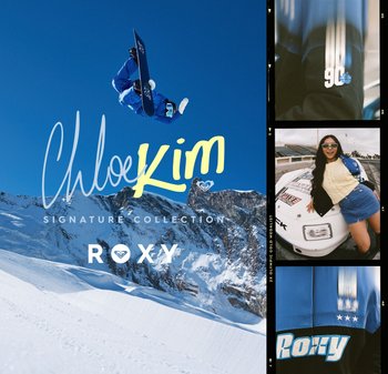 Snowboardeuse en tenue bleue effectuant un saut devant un ciel clair. Marquage incluant les logos "Chloe Kim Signature Collection" et "Roxy".