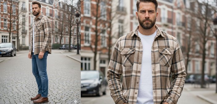 Chemise en flanelle à carreaux marron et crème avec deux poches poitrine, portée par-dessus un t-shirt blanc, associée à un jean bleu ; cadre urbain.