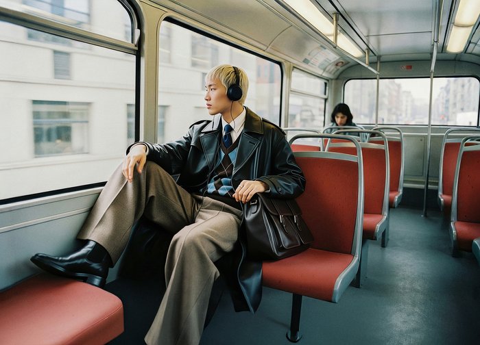 Άτομο που φοράει μαύρο δερμάτινο παλτό και καφέ παντελόνι, καθισμένο σε λεωφορείο με κόκκινα καθίσματα, με ακουστικά, κρατώντας μια καφέ τσάντα.