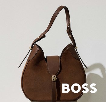 Bruine suède en lederen schoudertas met gouden gesp, verstelbare band en "BOSS"-logo op lichte achtergrond.