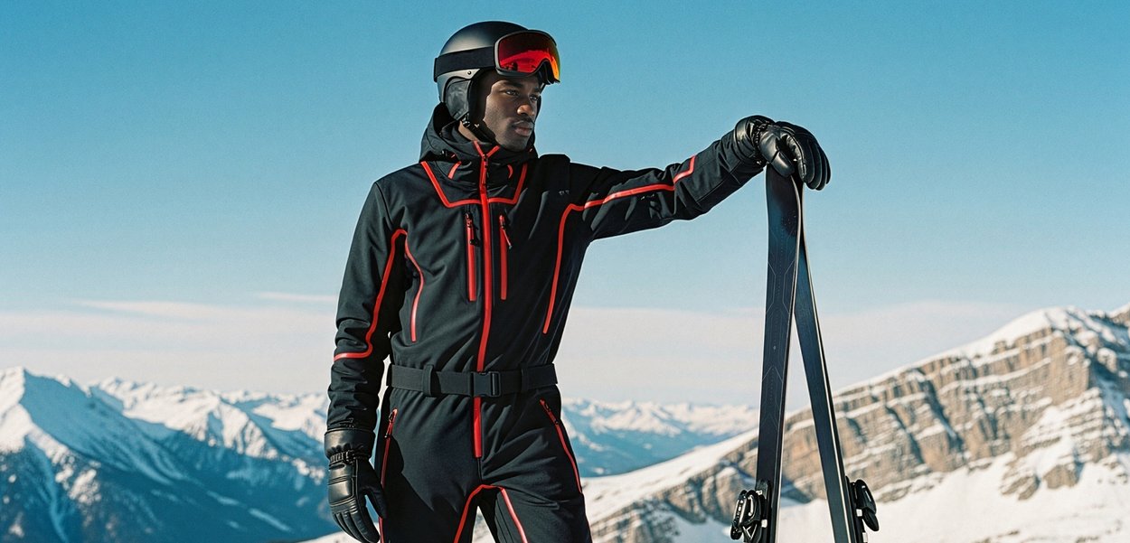 Mäkihiihtoasu, jossa istuva musta kangas, punaiset yksityiskohdat, vetoketjulliset taskut, käsineet ja suojalasit, seisoo lumisilla vuorilla suksien kanssa.