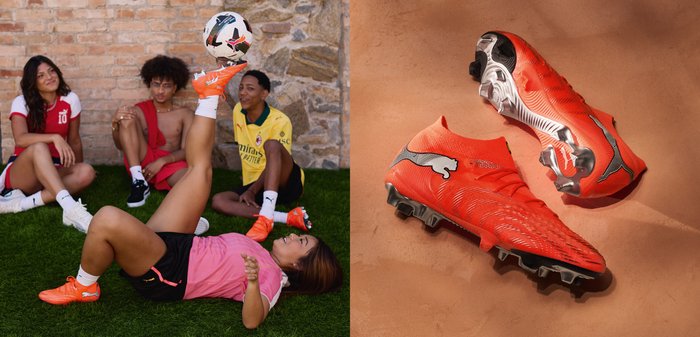 Φωτεινά πορτοκαλί ποδοσφαιρικά παπούτσια με υφή επιφάνειας και μαύρες λεπτομέρειες, με εφαρμογή που αγκαλιάζει το πόδι και γωνιώδη σχεδίαση για βελτιωμένη απόδοση.