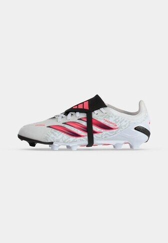 White and red soccer cleat with black strap over the laces and studs on the sole for traction on grass surfaces.