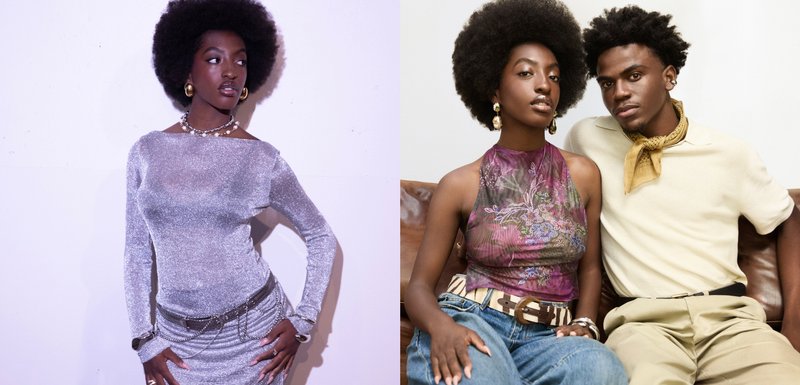 Deux modèles : l'un porte une robe à manches longues en paillettes argentées et des bijoux ; l'autre est vêtu d'un top halter à motifs, de jeans amples et d'une ceinture.