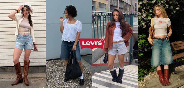 Vier Frauen tragen unterschiedliche Stile von Jeansshorts oder Bermuda-Shorts, kombiniert mit Stiefeln und lässigen Oberteilen in städtischer und Garten-Umgebung im Freien.
