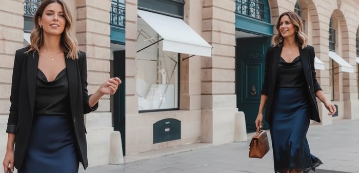 Woman wearing black blazer and satin navy skirt walking on city street holding brown handbag with building background.