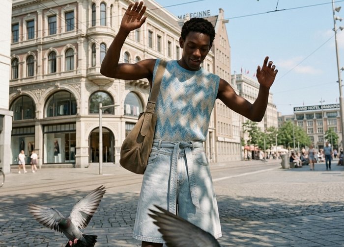 Homme en pull sans manches et short en jean levant les mains alors que des pigeons volent près de lui sur une place urbaine ensoleillée.