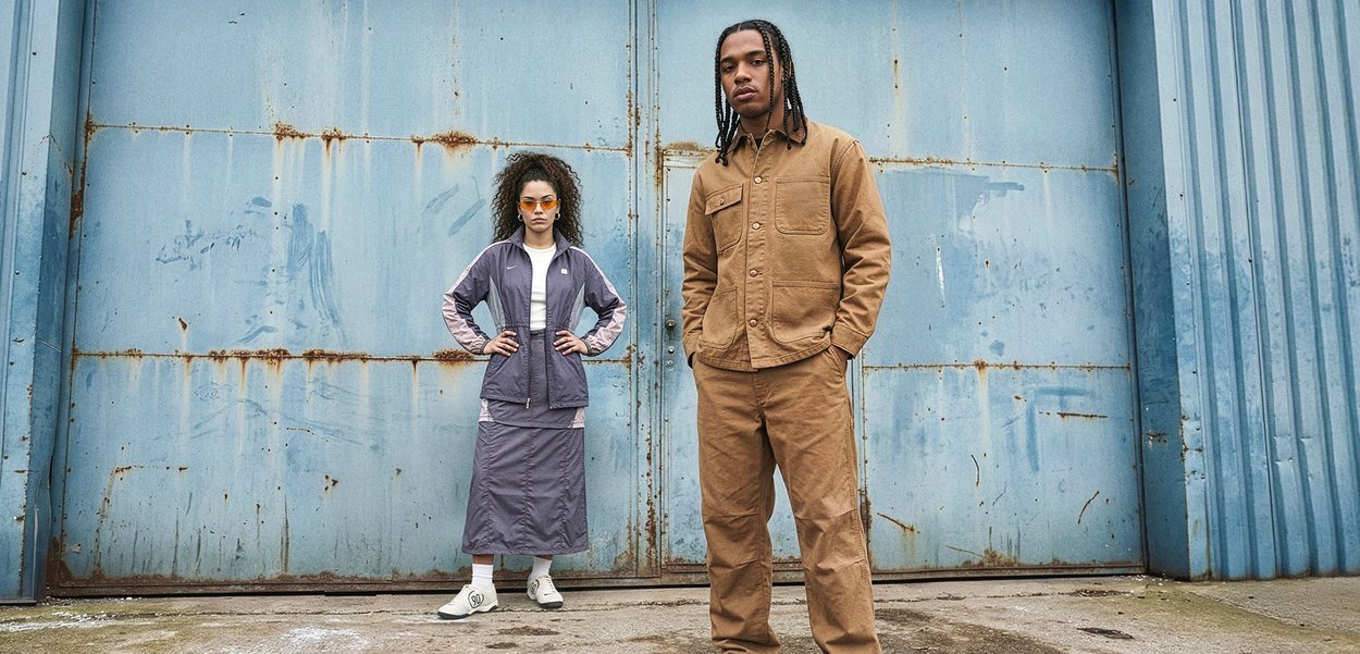 Deux jeunes adultes, l'un portant une veste et un pantalon beige, l'autre en survêtement violet avec des lunettes de soleil orange, se tiennent avec assurance devant une grande porte métallique bleue rouillée.