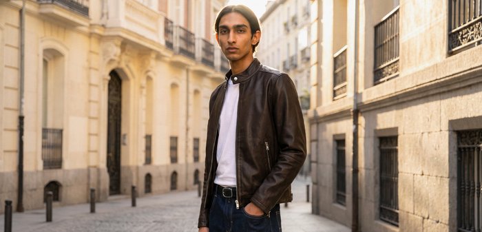Jeune personne portant une veste en cuir noire et une chemise blanche, debout dans une rue pavée bordée de bâtiments historiques.